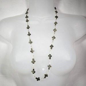 Vintage Green Zebra Jasper Stone Cross Necklace Seed Bead Religious 28"